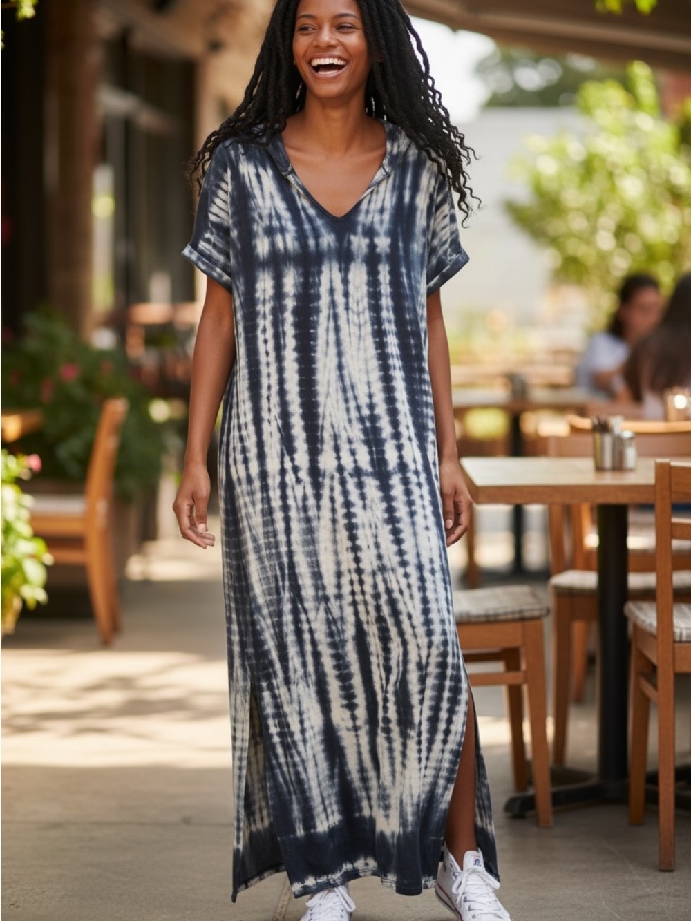 Livi Active Navy & White Tie-Dye V-Neck Maxi Dress with hood